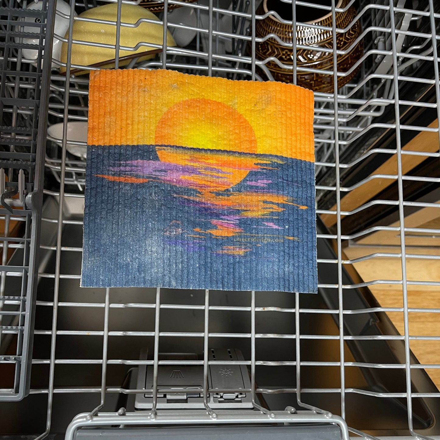 Eco friendly Swedish dish cloth with Sunset on the Lake, a lake country sunset design kitchen dish washer cloth by Career 5Design