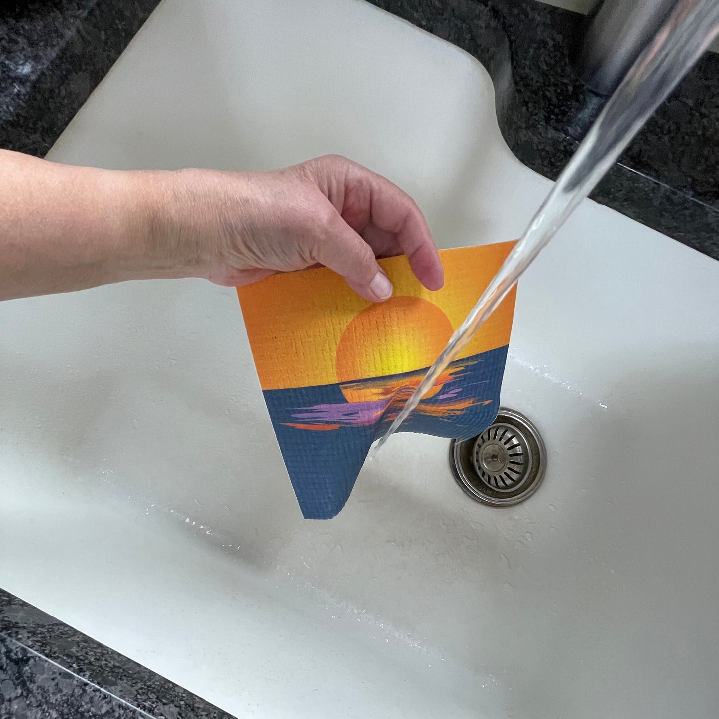 Eco friendly Swedish dish cloth with Sunset on the Lake, a lake country sunset design kitchen dish washer cloth by Career 5Design