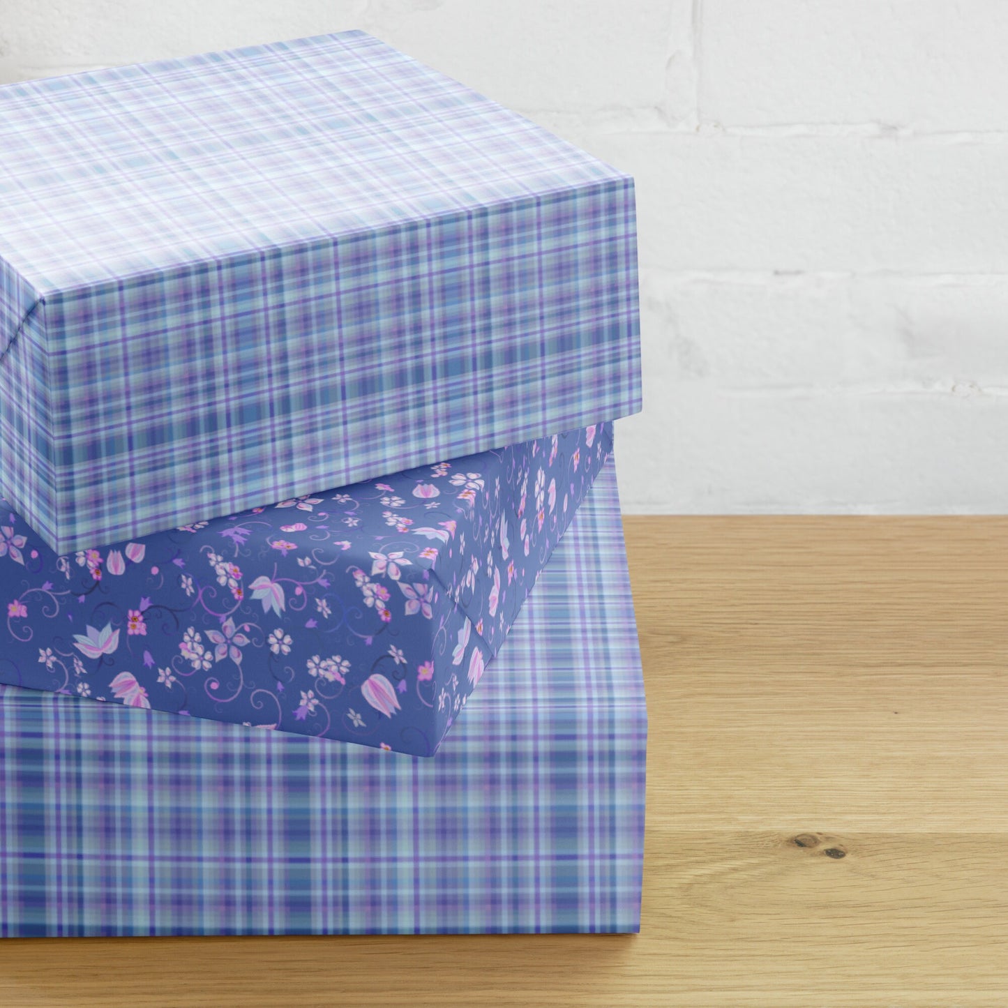 Blue and pink floral and plaid gift wrap 3 sheets | Unisex colors | Scrapbook paper |
