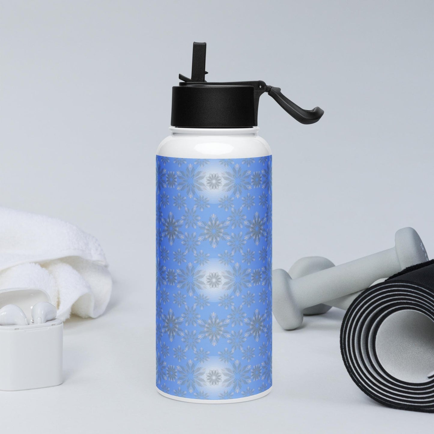 Fancy snowflakes on stainless steel water bottle with straw lid | Christmas snowflakes | Stainless steel gift | Sparkling snow |