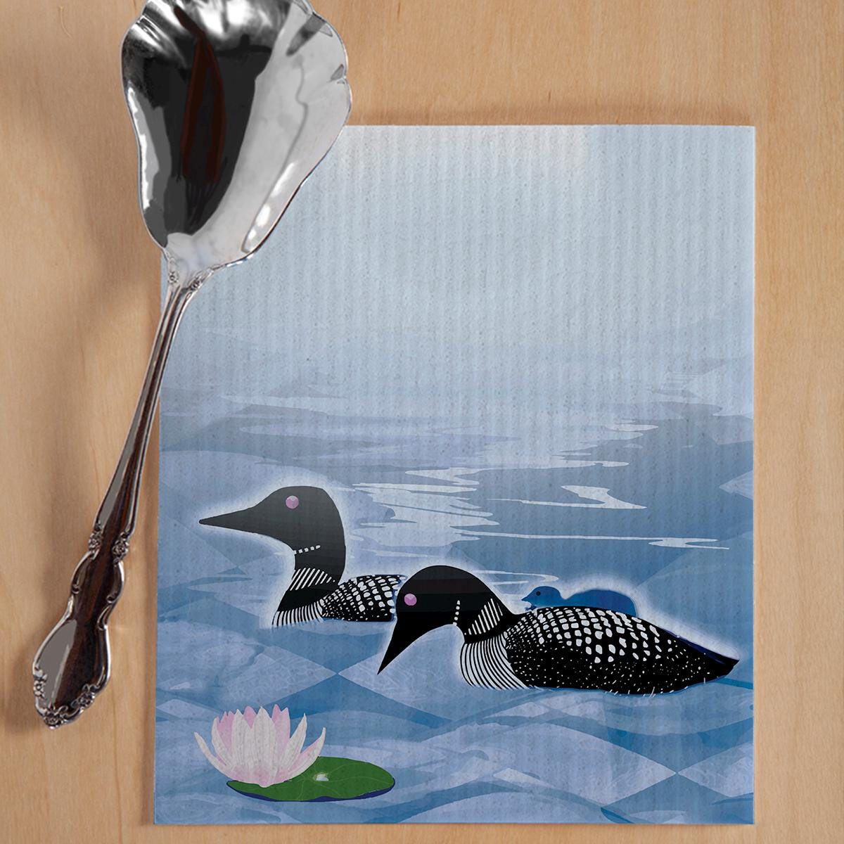 Loon Family Swedish Dishcloth | Loon and baby | Loon chick | eco-friendly dishcloth | Summer Lake | Quiet Lake | Gift