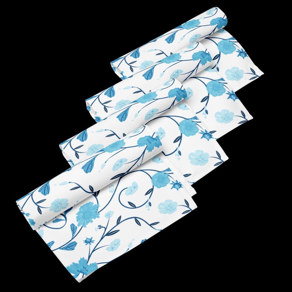 Blue Floral Cloth Napkin Set |Formal Napkin Set | Blue Flower Napkins | Blue Picnic Napkins | Blue Party Napkins