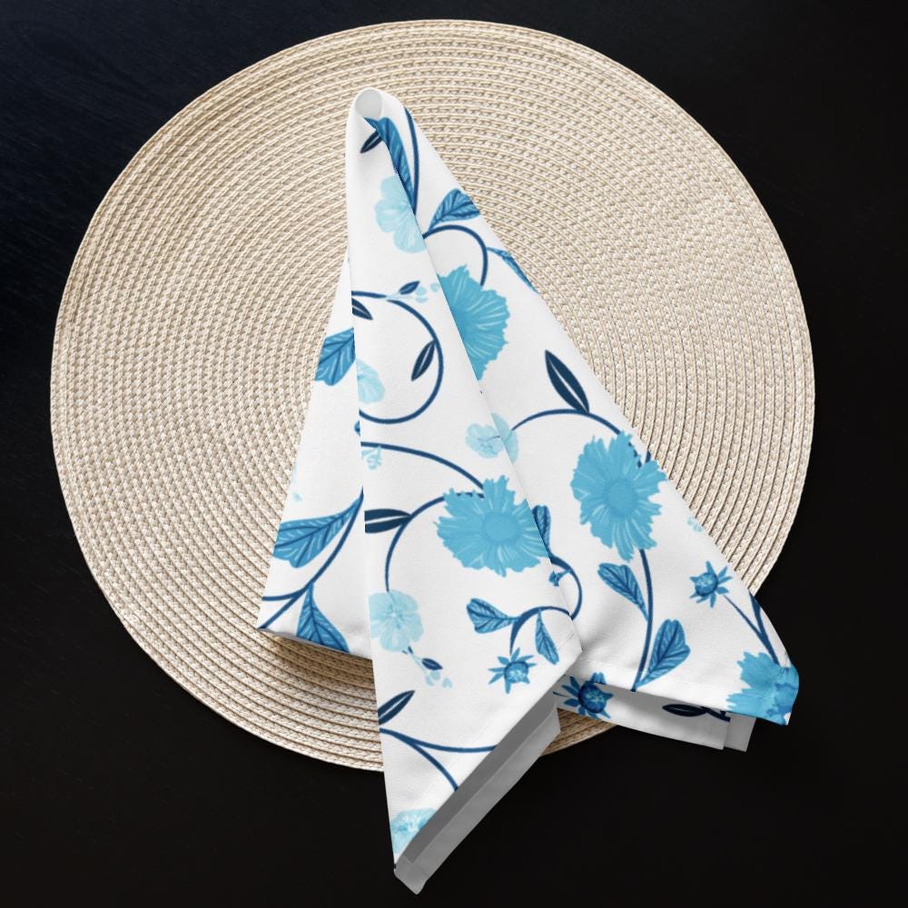 Blue Floral Cloth Napkin Set |Formal Napkin Set | Blue Flower Napkins | Blue Picnic Napkins | Blue Party Napkins