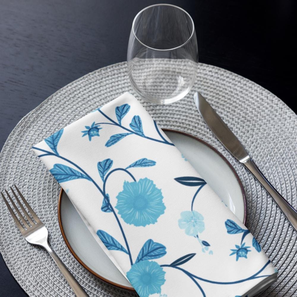 Blue Floral Cloth Napkin Set |Formal Napkin Set | Blue Flower Napkins | Blue Picnic Napkins | Blue Party Napkins