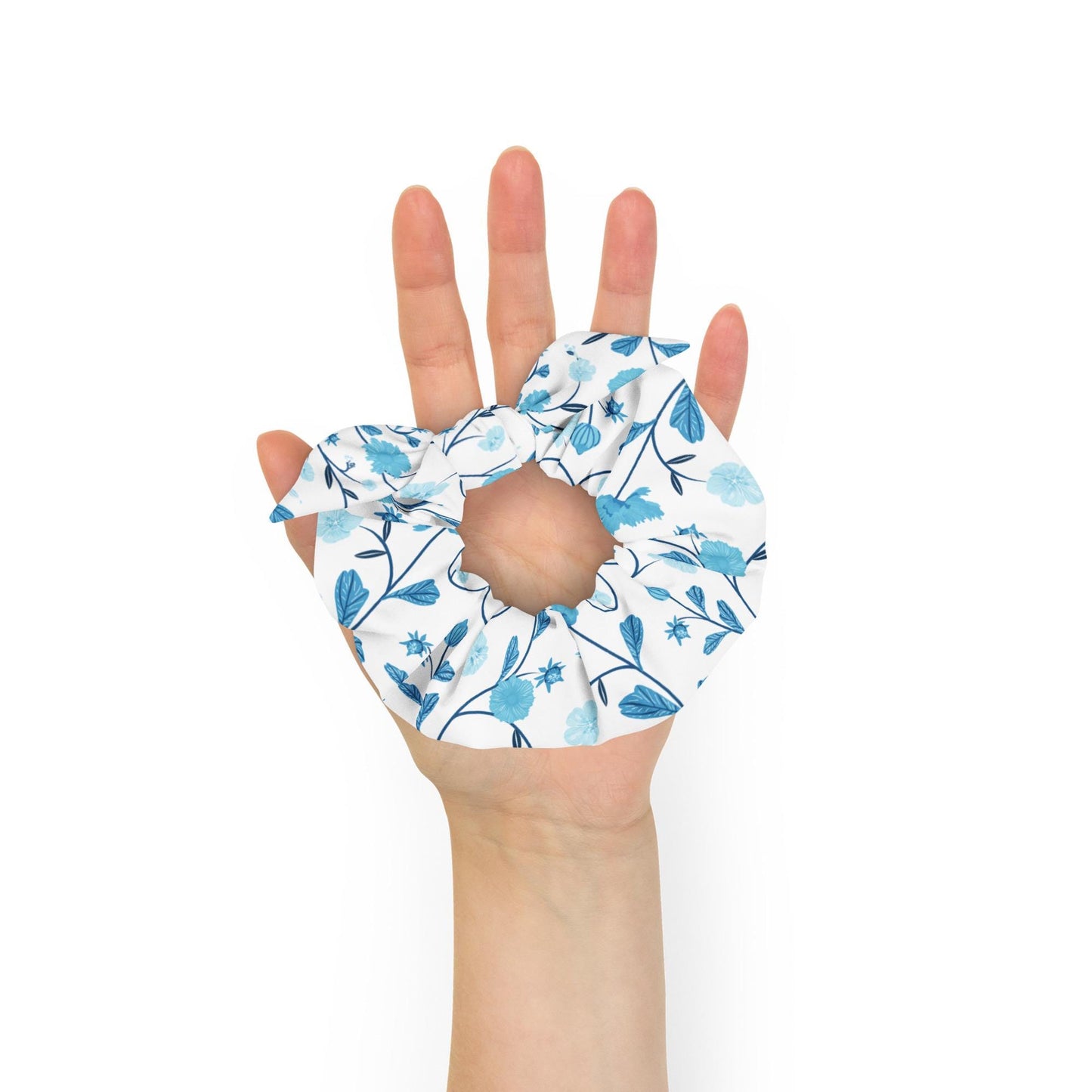 Blue and White Floral Scrunchie | Eco-Friendly Scrunchie | Recycled Polyester Scrunchie | Botanical scrunchie