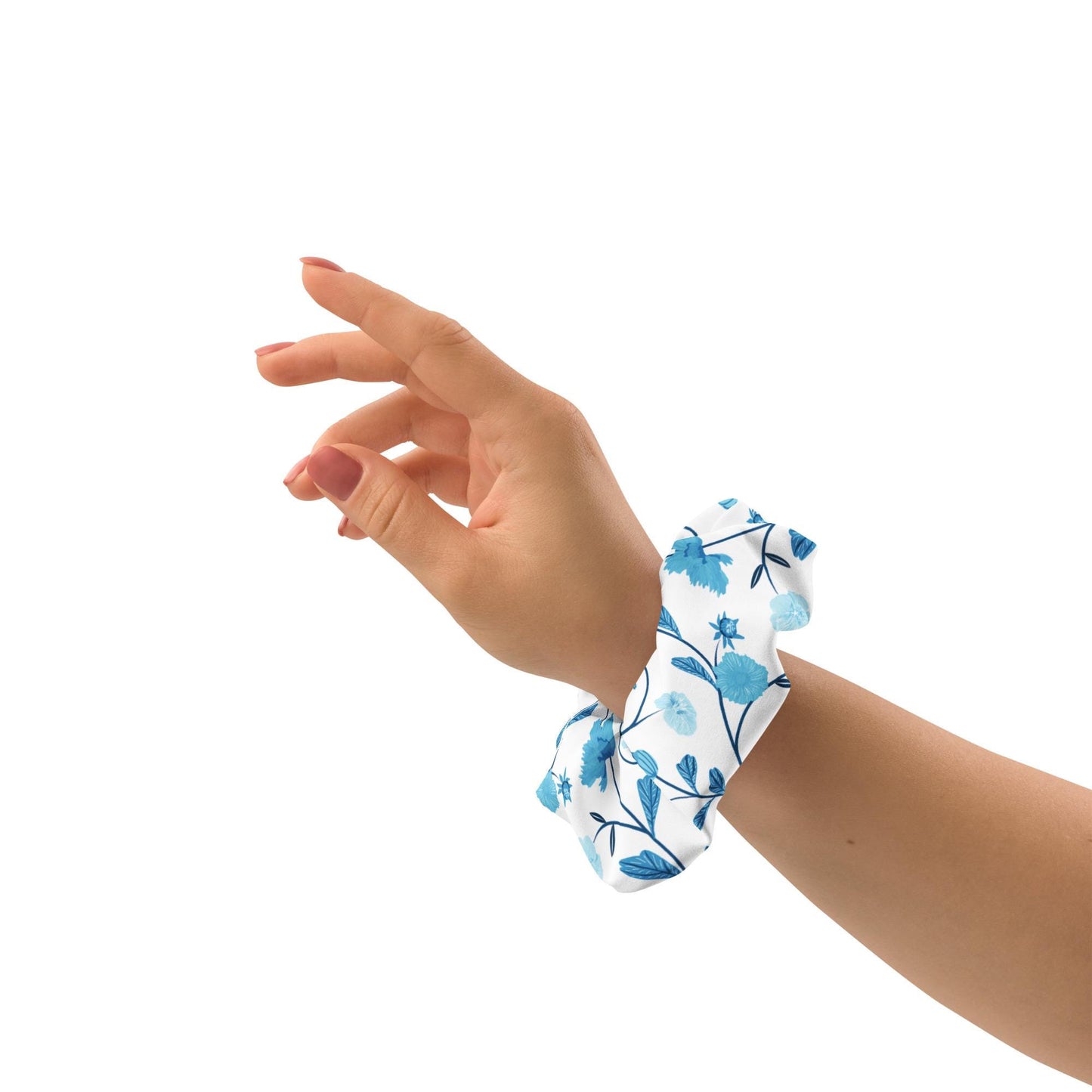 Blue and White Floral Scrunchie | Eco-Friendly Scrunchie | Recycled Polyester Scrunchie | Botanical scrunchie