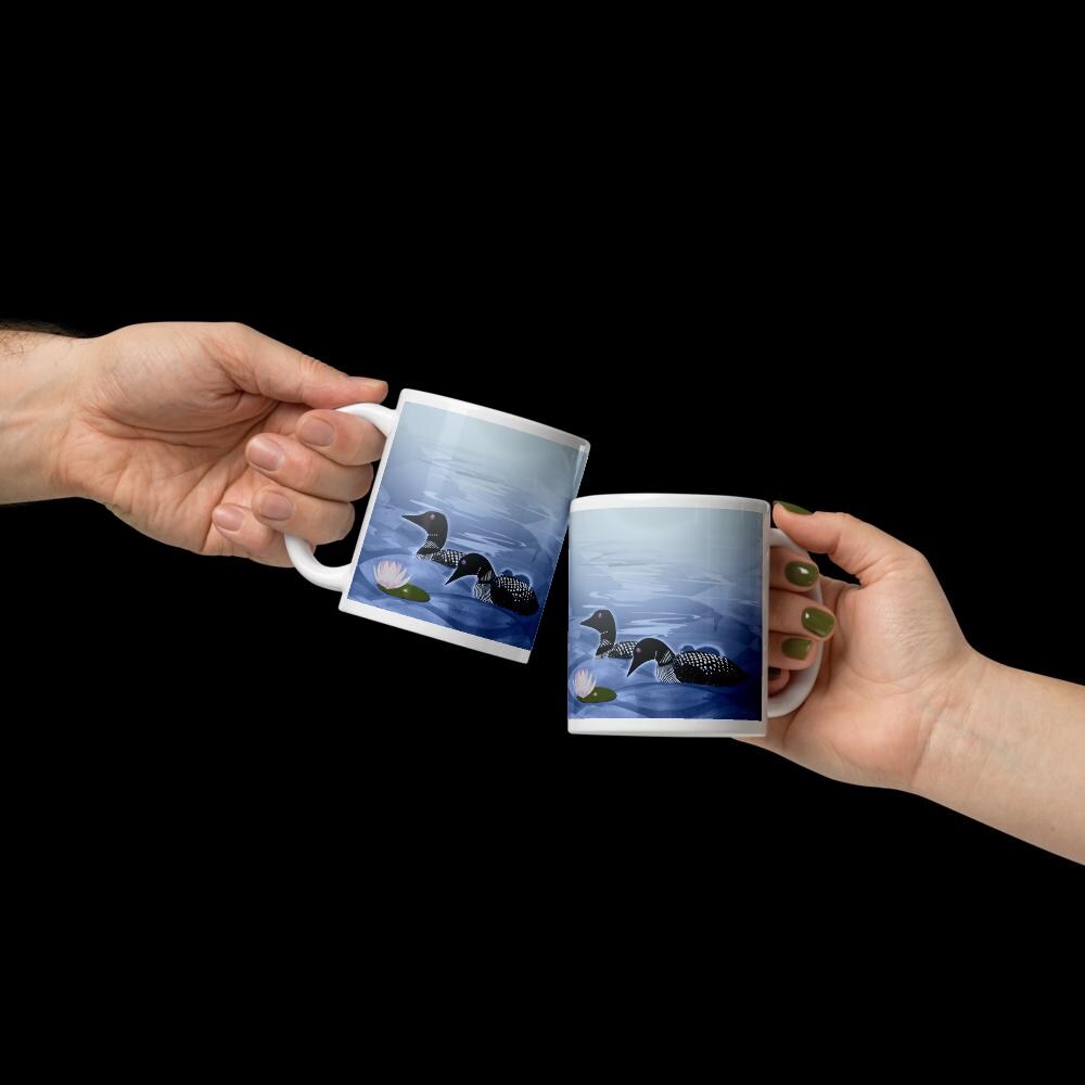 Loon Family white glossy mug | Loons and chick | Northwoods loons | Loon painting mug
