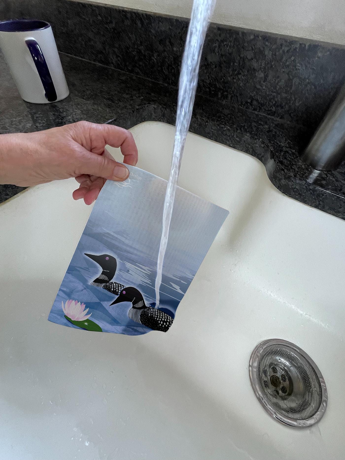 Eco friendly Swedish dish cloth | Loon family | Loon on lake | lake water | North wood | water lily | dish washer