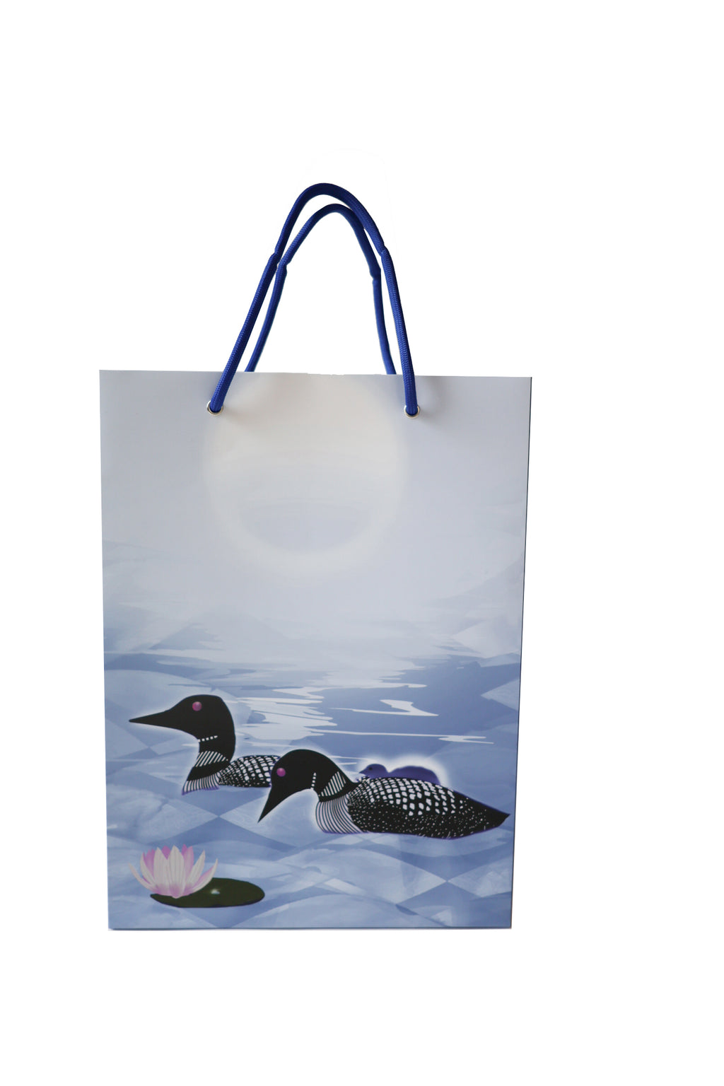 Gift bag covered with a drawing of two adult loons plus a baby loon floating beside a water lily in water.