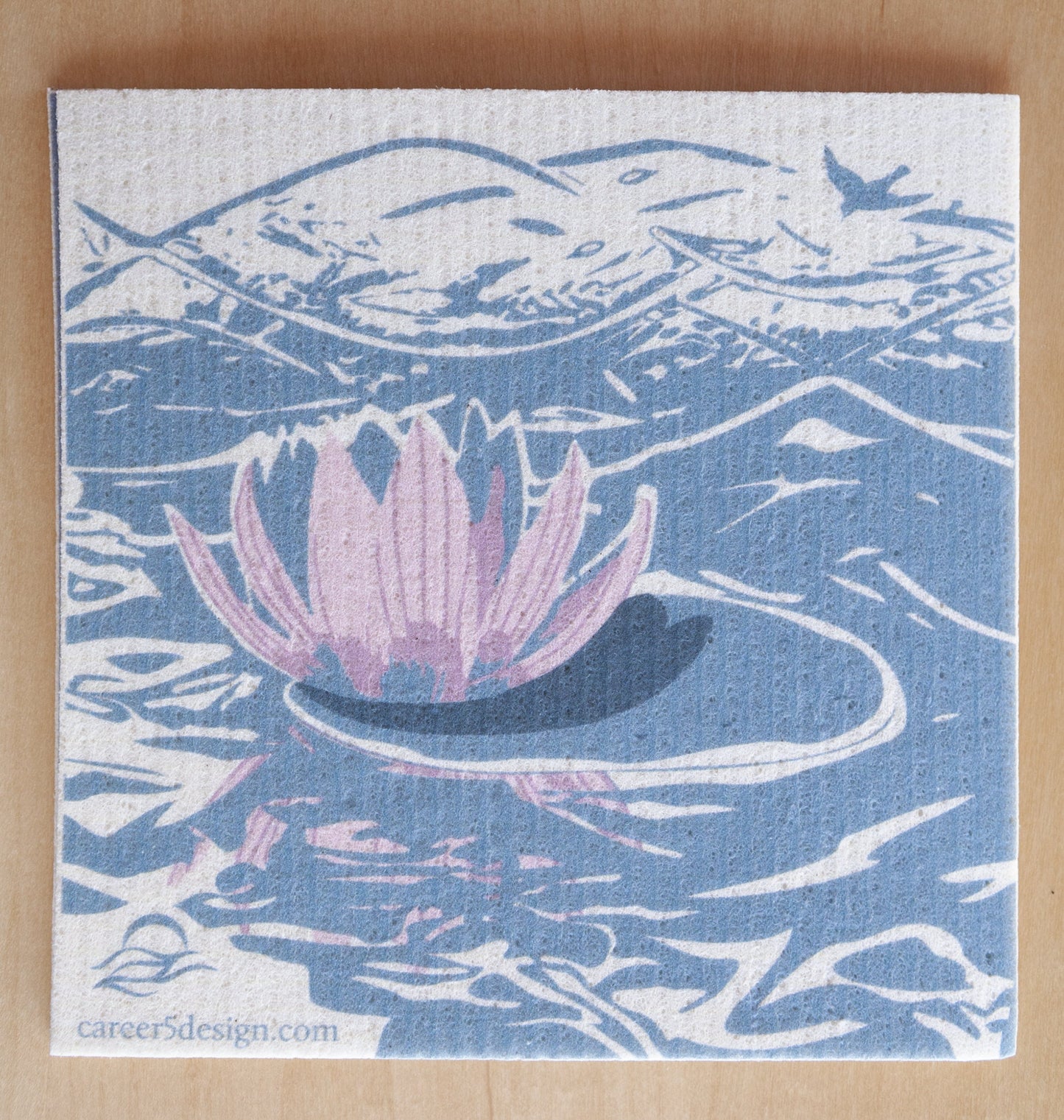 Water lily and bird on an eco friendly Swedish dish cloth | eco friendly household goods | blue hostess gift | dish washer