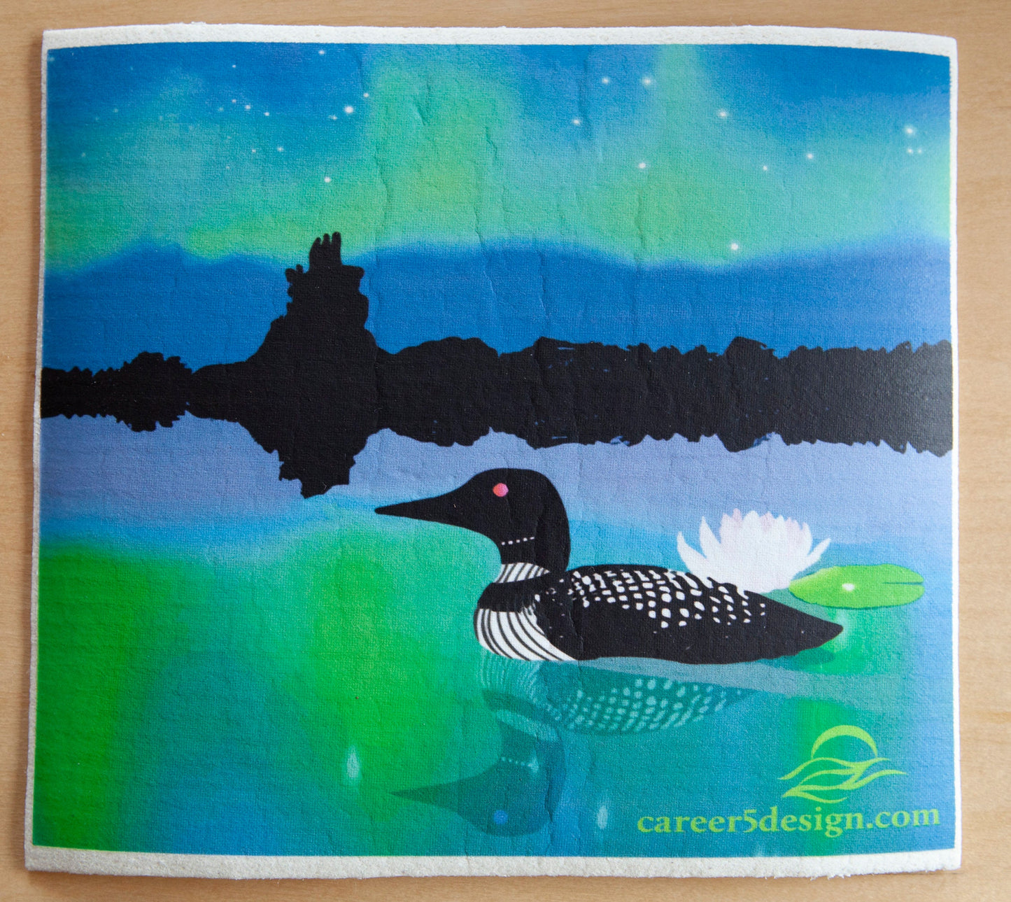 Loon and northern lights on an eco friendly Swedish dish cloth | aurora | northwoods | summer | wilderness | dish washer