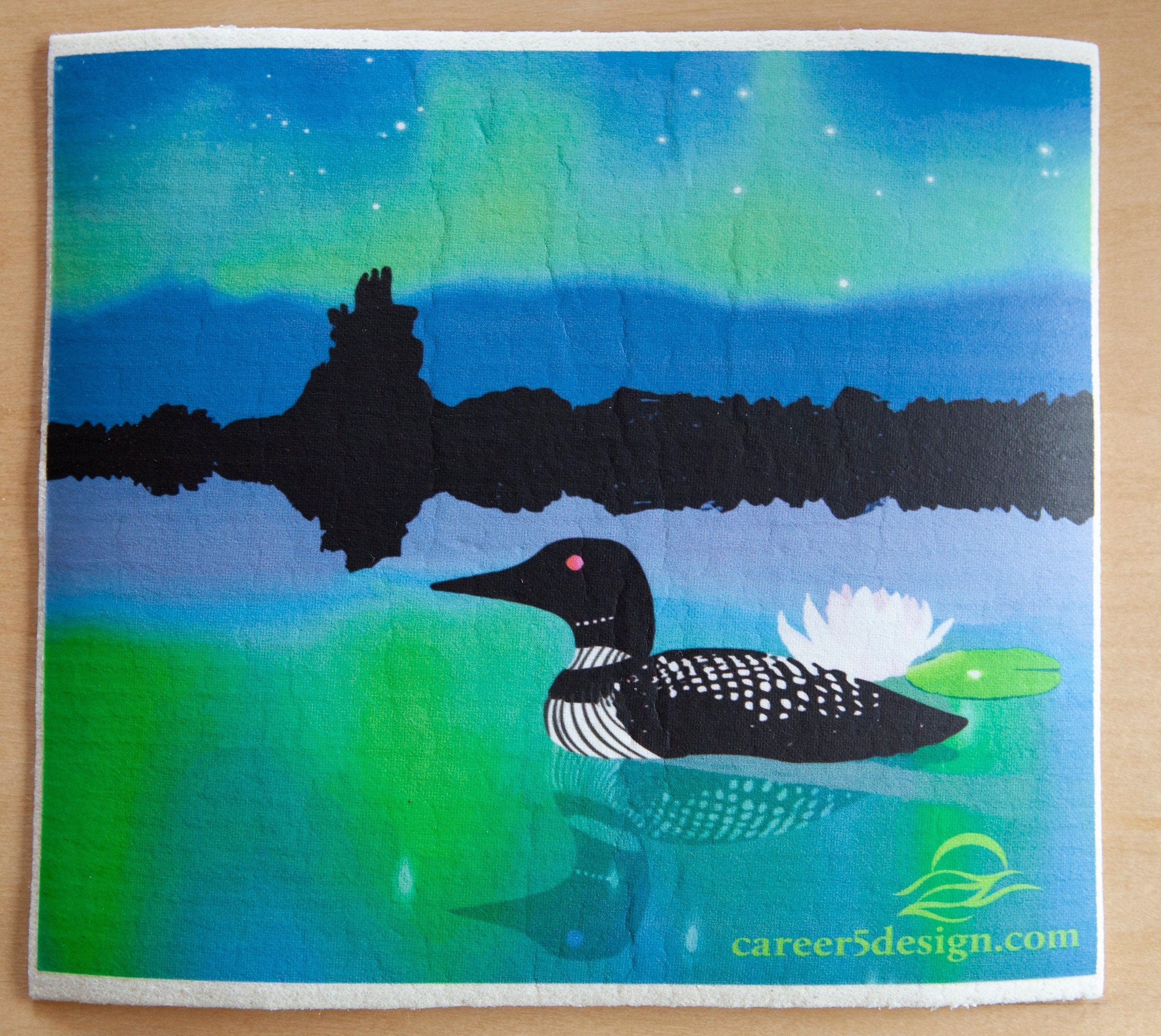 Loon and northern lights on an eco friendly Swedish dish cloth | aurora | northwoods | summer | wilderness | dish washer