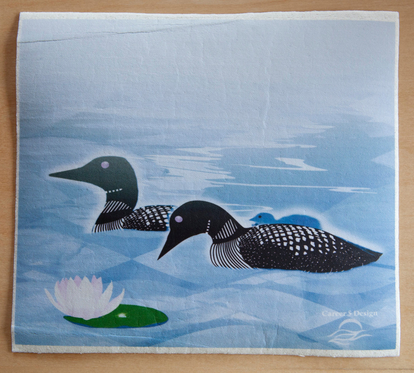 Eco friendly Swedish dish cloth | Loon family | Loon on lake | lake water | North wood | water lily | dish washer