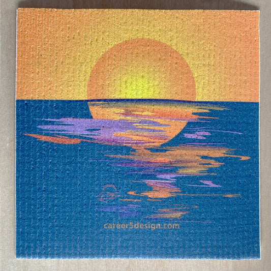 Eco friendly Swedish dish cloth with Sunset on the Lake, a lake country sunset design kitchen dish washer cloth by Career 5Design