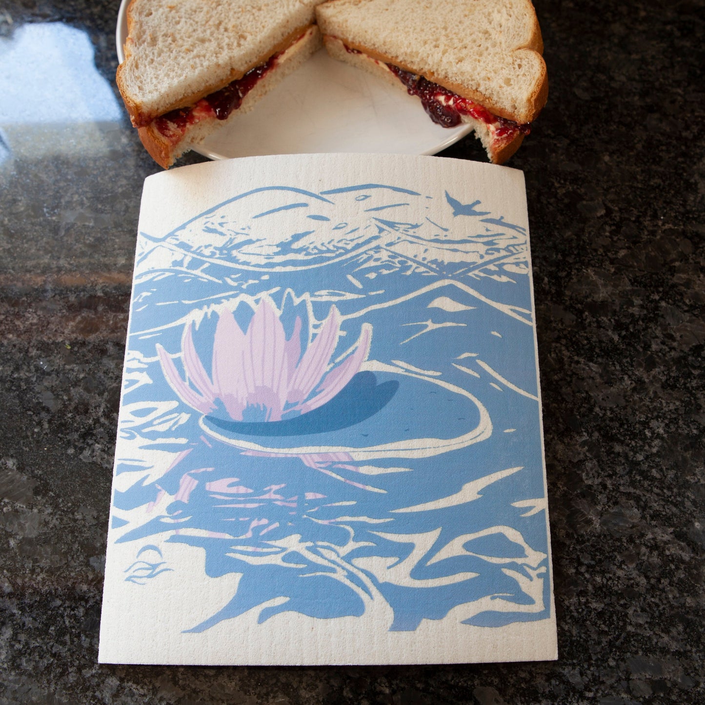 Water lily and bird on an eco friendly Swedish dish cloth | eco friendly household goods | blue hostess gift | dish washer