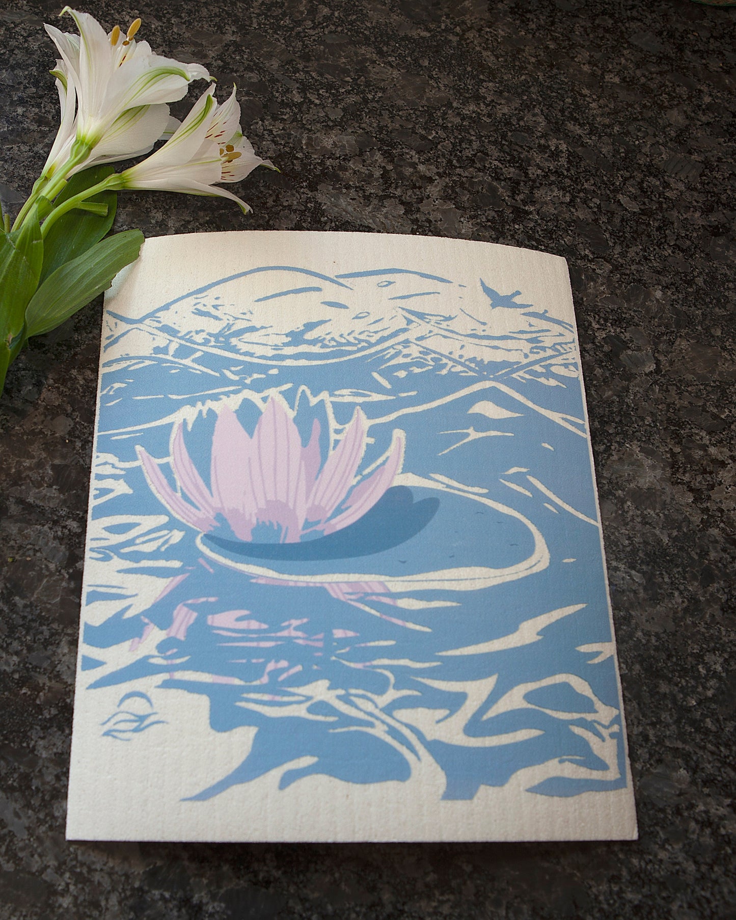 Water lily and bird on an eco friendly Swedish dish cloth | eco friendly household goods | blue hostess gift | dish washer