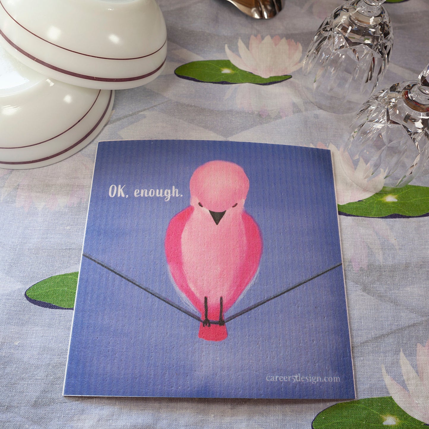 Eco Friendly Dish Cloth with an angry pink bird, a Swedish dish cloth saying OK Enough by Career 5Design