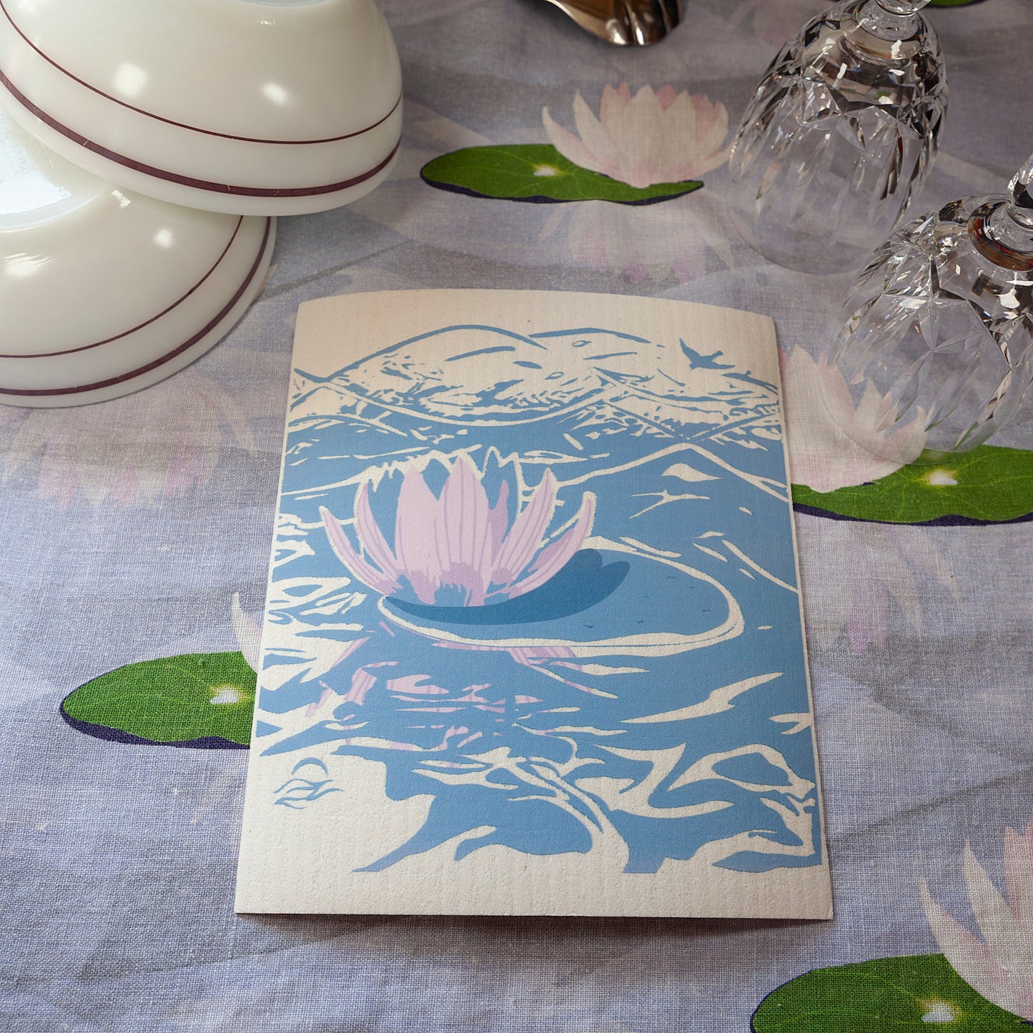 Water lily and bird on an eco friendly Swedish dish cloth | eco friendly household goods | blue hostess gift | dish washer