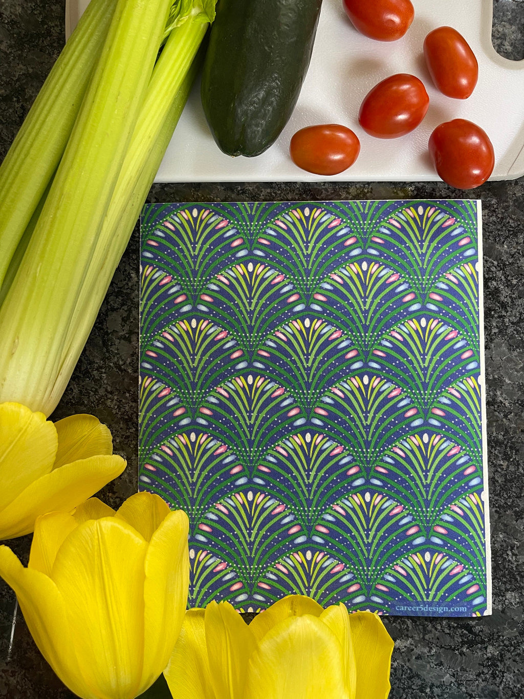 Holiday colors in a repeating branch-like pattern. Swedish dishcloth is made of 70% wood cellulose and 30% repurposed cotton. Compostable.