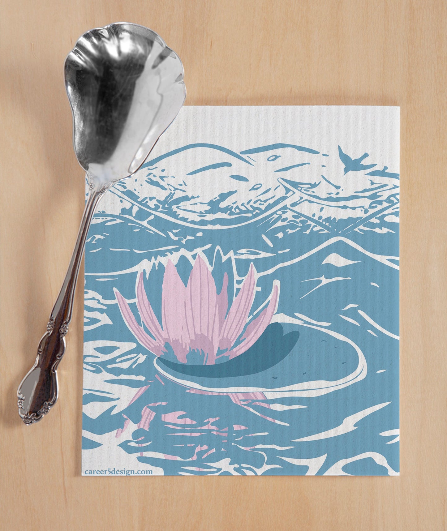 Water lily and bird on an eco friendly Swedish dish cloth | eco friendly household goods | blue hostess gift | dish washer