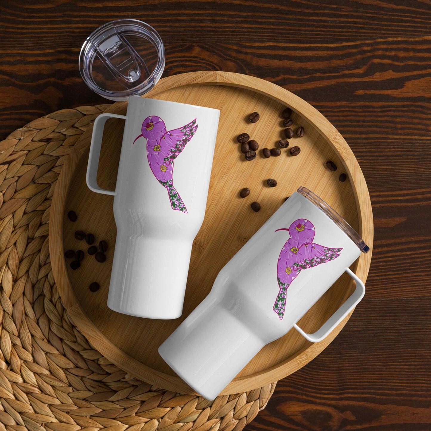 Hummingbird travel mug with a handle