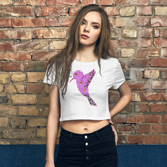 Flowery Hummingbird Women’s Crop Tee | pink flowers in hummingbird | Hummingbird tee