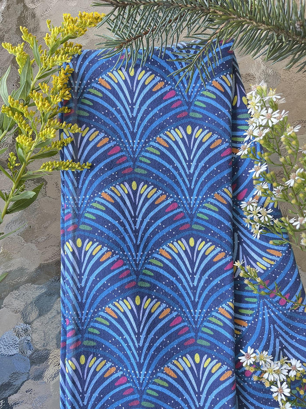 Autumn designed 100% cotton tea towel. Beautiful blue branches and abstract colorful autumn leaves. 19" x 28". Made in America.