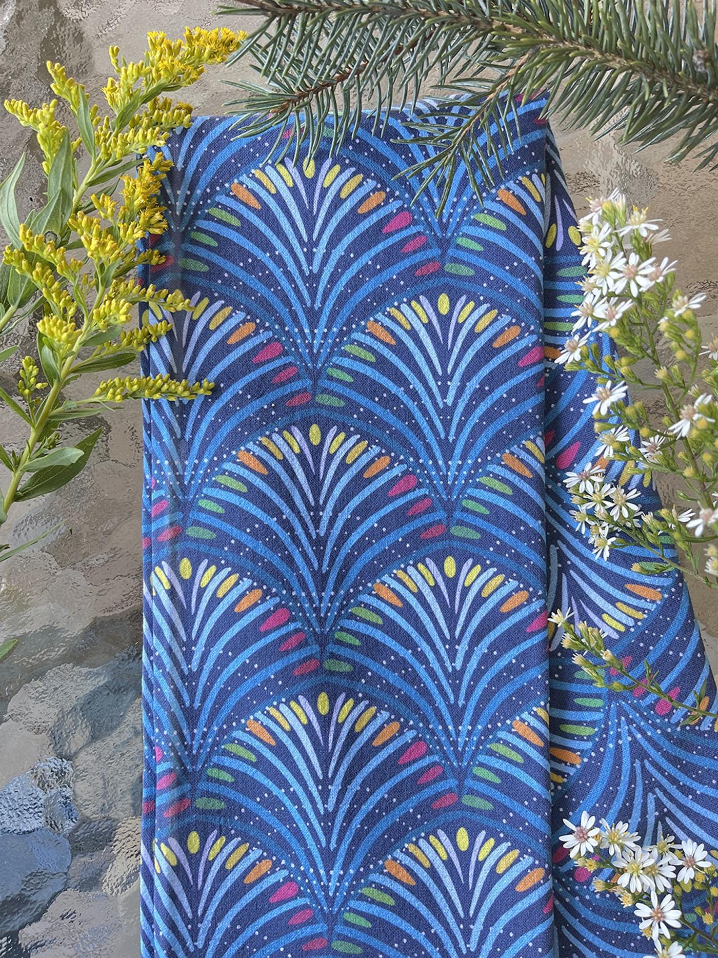 Autumn designed 100% cotton tea towel. Beautiful blue branches and abstract colorful autumn leaves. 19" x 28". Made in America.