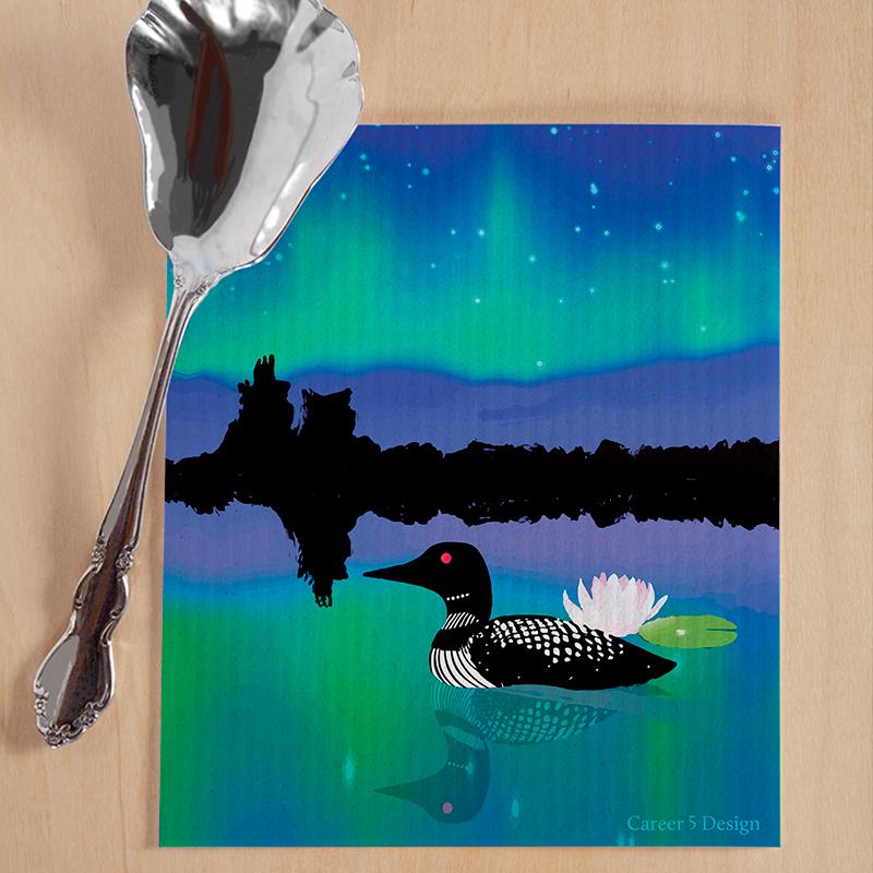 Loon and Northern Lights Swedish Dishcloth | Loon on Lake | Loon at Night| eco-friendly |  Aurora borealis | Northern lights | Host gift