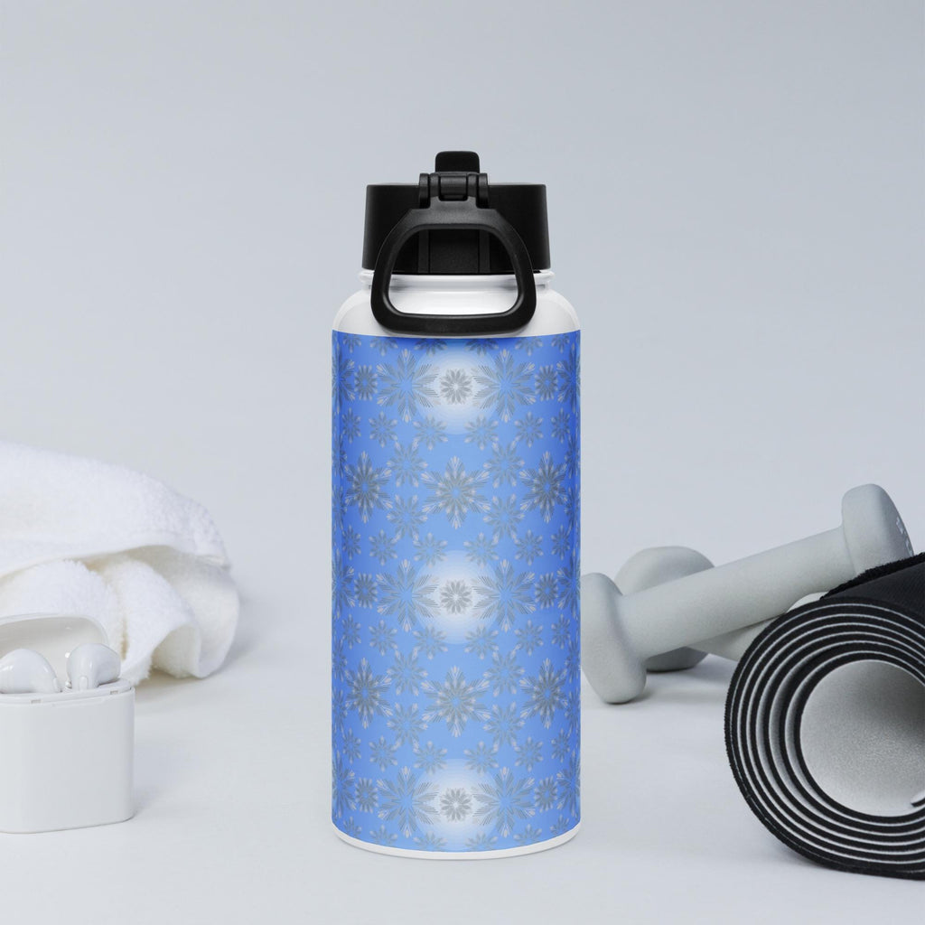 Fancy snowflakes on stainless steel water bottle with straw lid | Christmas snowflakes | Stainless steel gift | Sparkling snow |