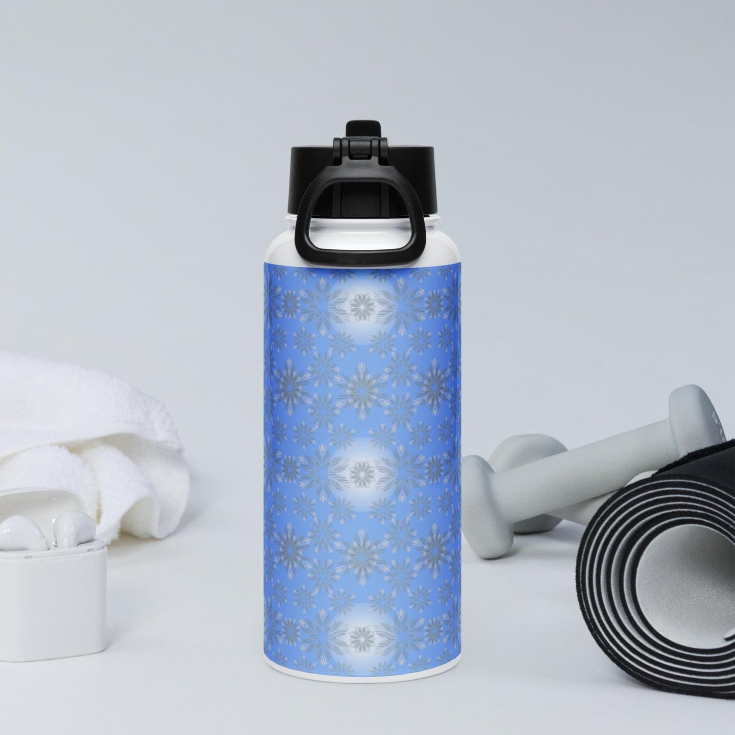 Fancy snowflakes on stainless steel water bottle with straw lid | Christmas snowflakes | Stainless steel gift | Sparkling snow |