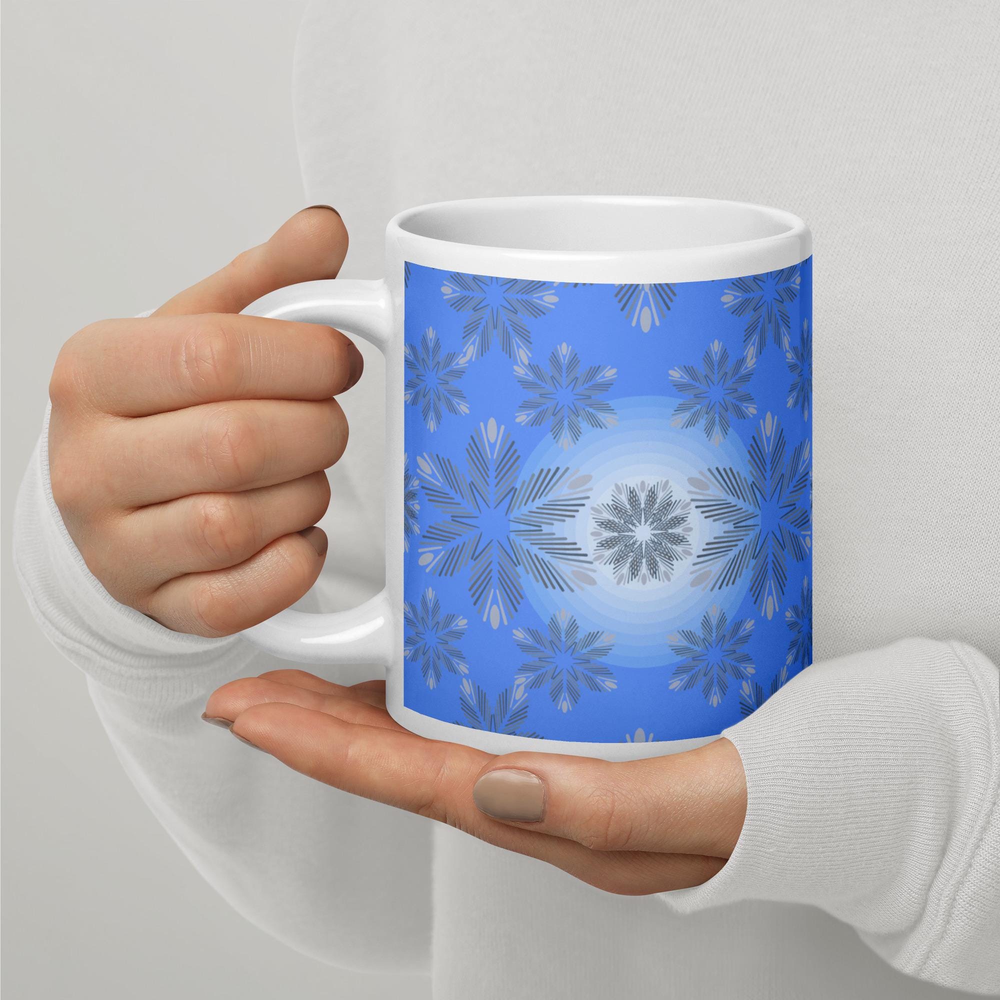 Fancy snowflakes on white mug | Christmas snowflakes | Winter mug | Sparkling snow | Winter gift