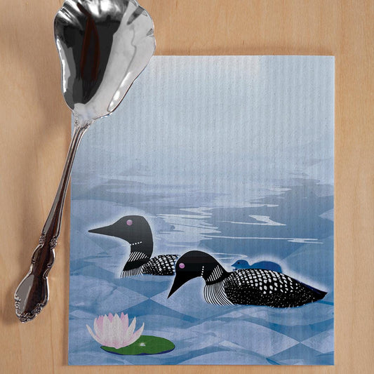 Loon Family Swedish Dishcloth | Loon and baby | Loon chick | eco-friendly dishcloth | Summer Lake | Quiet Lake | Gift