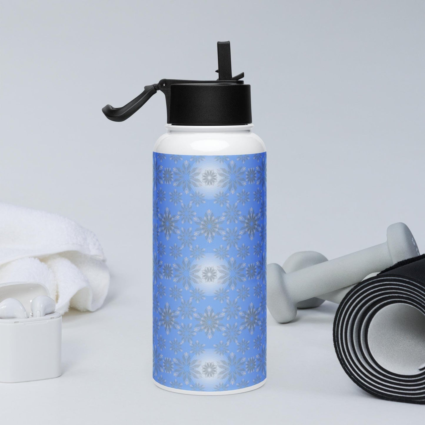 Fancy snowflakes on stainless steel water bottle with straw lid | Christmas snowflakes | Stainless steel gift | Sparkling snow |