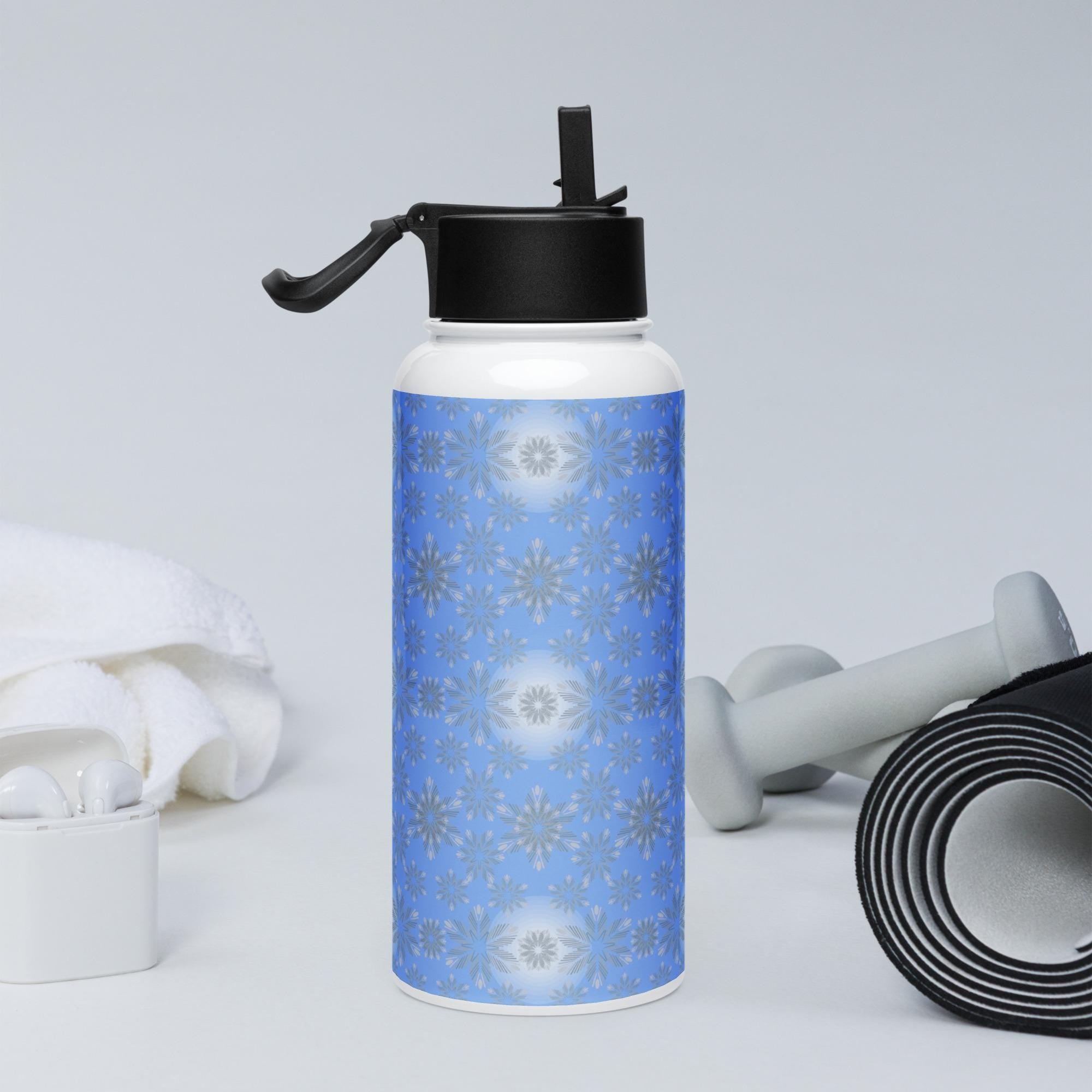 Fancy snowflakes on stainless steel water bottle with straw lid | Christmas snowflakes | Stainless steel gift | Sparkling snow |