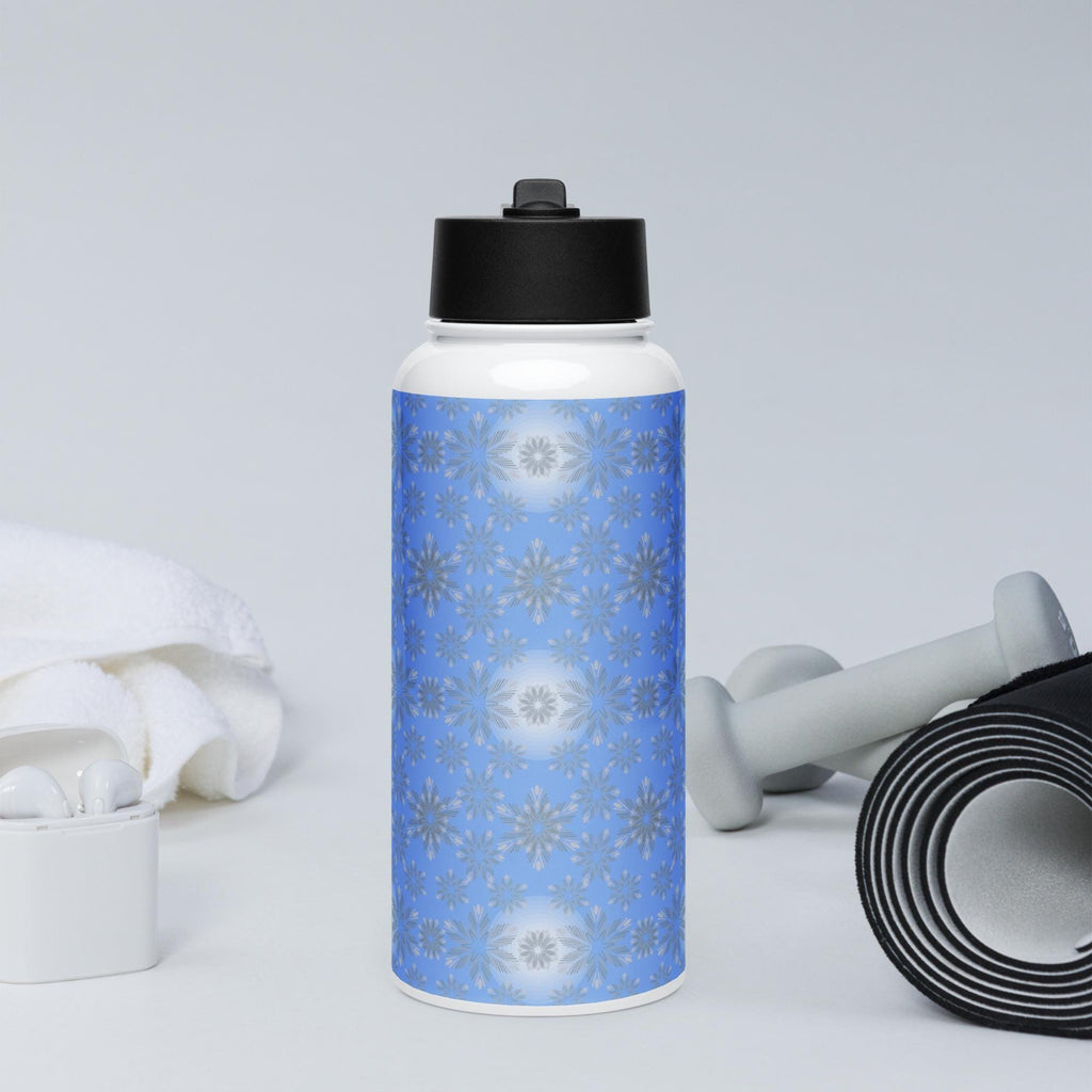 Fancy snowflakes on stainless steel water bottle with straw lid | Christmas snowflakes | Stainless steel gift | Sparkling snow |