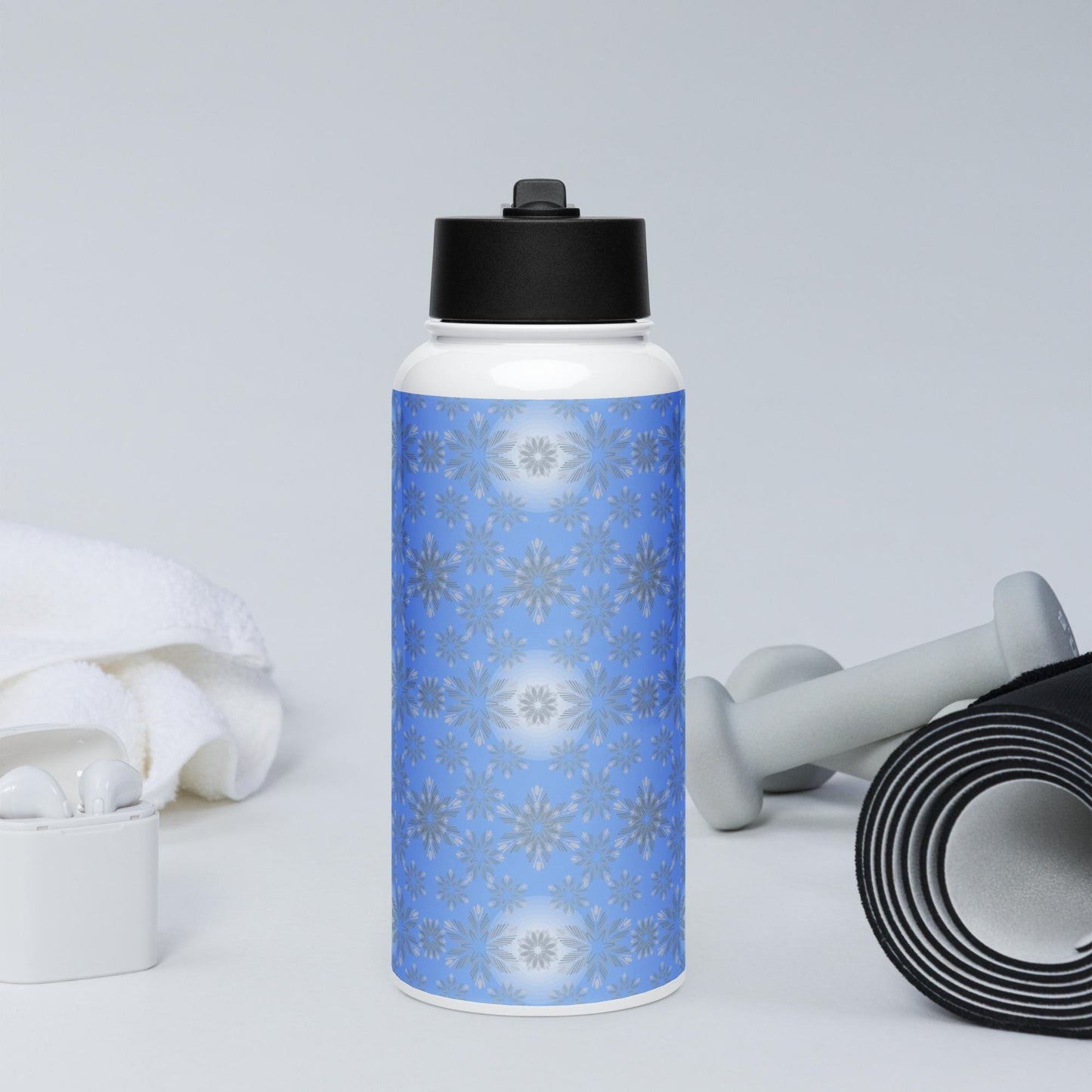 Fancy snowflakes on stainless steel water bottle with straw lid | Christmas snowflakes | Stainless steel gift | Sparkling snow |