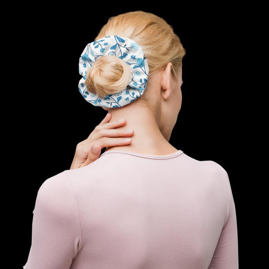 Blue and White Floral Scrunchie | Eco-Friendly Scrunchie | Recycled Polyester Scrunchie | Botanical scrunchie