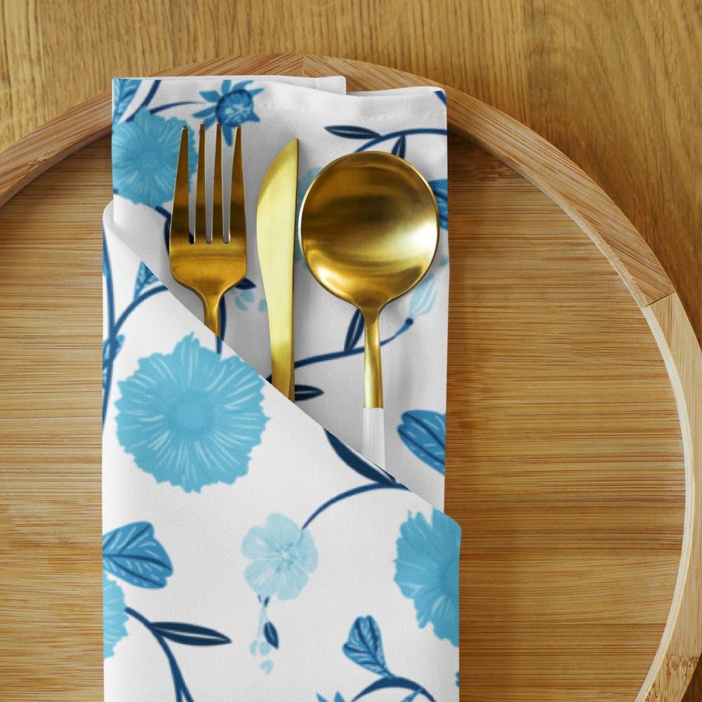 Blue Floral Cloth Napkin Set |Formal Napkin Set | Blue Flower Napkins | Blue Picnic Napkins | Blue Party Napkins