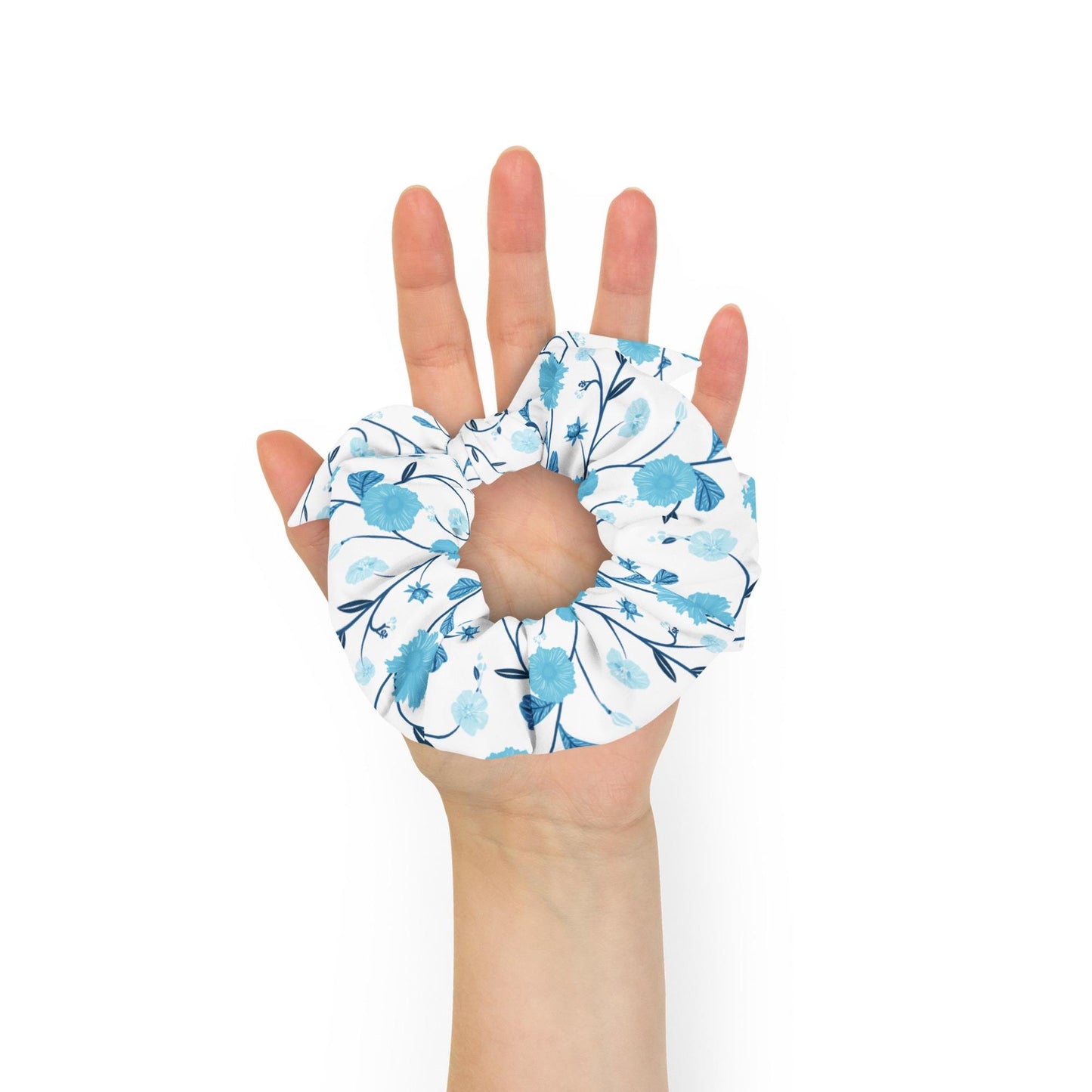 Blue and White Floral Scrunchie | Eco-Friendly Scrunchie | Recycled Polyester Scrunchie | Botanical scrunchie